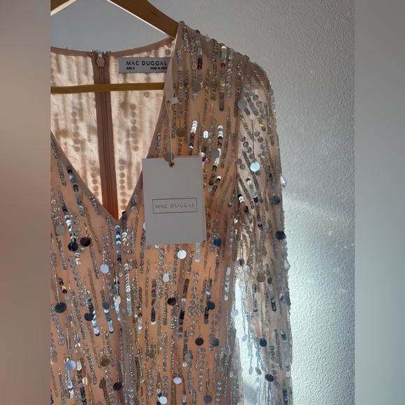 Mac Duggal 93850 | Silver Beaded Fringe | Long Sleeve Plunge |  Sz 6 | NWT - Picture 8 of 14